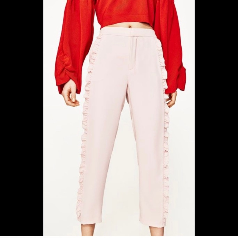 NWOT Zara Woman Pale Pink Ruffle Trim Cropped Trousers, Size XS